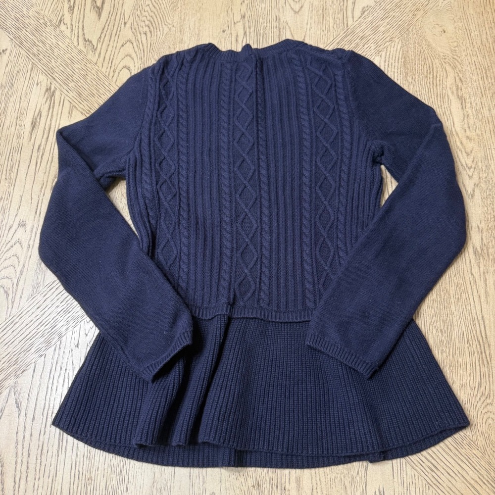 Talbots Petites Medium Petite Navy Blue Long Sleeve Cable Knit Peplum Sweater - Picture 2 of 7
